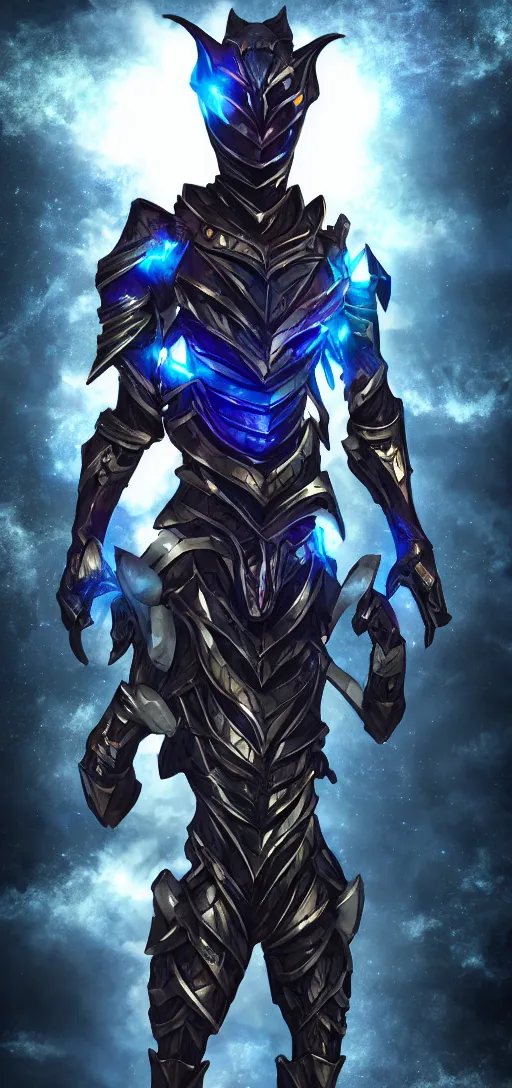 Image similar to High Fantasy Kamen Rider standing in a rock quarry, full body, 4k, glowing eyes, daytime, rubber suit, dark blue segmented armor, dragon inspired armor, centered