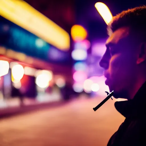 Prompt: silhouette of man smoking cigarette on busy city street, nighttime, neon colors, beautiful close-up photography, 8K