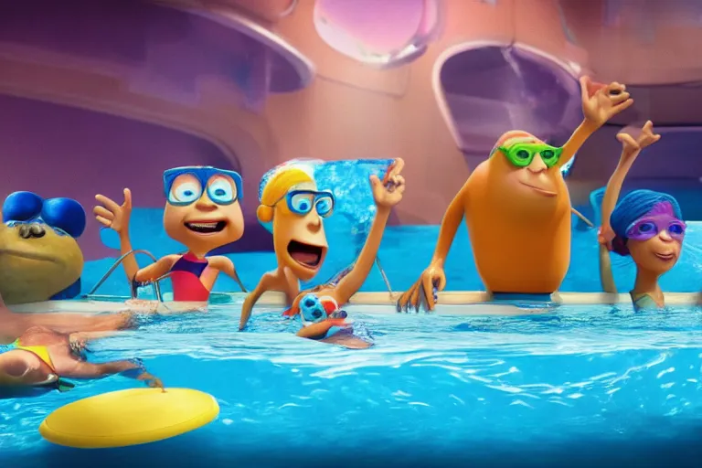 Prompt: photograph of a Pixar character chilling in a swimming pool in Mars with his friends, animation, Pixar style