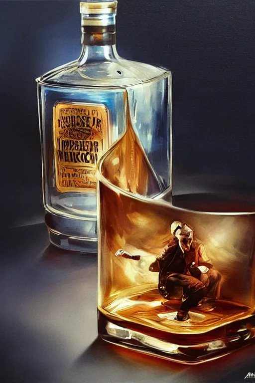 Image similar to a ship in a bottle but instead of a ship it is jack nicholson in the bottle, a young jack nicholson, fancy whiskey bottle, masterpiece painting by artgerm, ruan jia, jakub rebelka, tom bagshaw