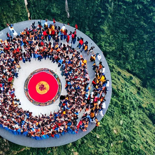 Image similar to Aerial photograph of sikkim people holding hands in a circle on top of a mountain, realistic