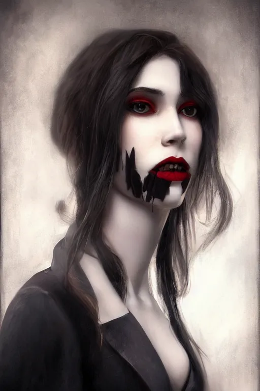 Image similar to a photo-realistically painted portrait of a singular lady vampire!!!!, dressed in a suit, perfect face!!!, beautiful eyes!!, digital painting, concept art, minimal artifacts, volumetric lighting, Artgerm, and William-Adolphe Bouguerea, in the style of Tom Bagshaw, cinematic!!, stunning!, trending on Artstation!, award-winning art!!!