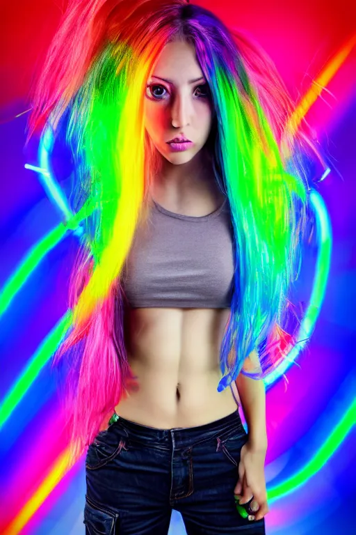 Image similar to a award winning half body portrait photograph of a beautiful woman with stunning eyes in a croptop and cargo pants with rainbow colored hair, routlined by whirling illuminated neon lines, outrun, vaporware