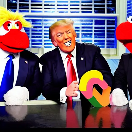 Image similar to Roman Reines hosting a late night talk show with Donald Trump and Elmo, during pride month, realistic photo