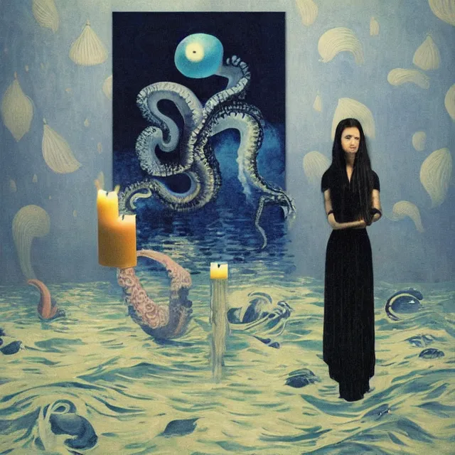 Image similar to tall female artist holding a nautilus in her flooded kitchen, pomegranates, octopus, water gushing from ceiling, painting of flood waters inside an artist's apartment, a river flooding indoors, candles, ikebana, zen, rapids, waterfall, black swans, canoe, berries, acrylic on canvas, surrealist, by magritte and monet