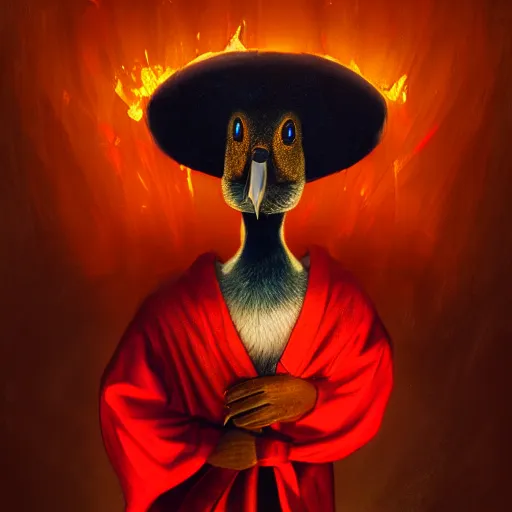 Image similar to portrait of cute mallard duck, glowing red eyes, wearing cultist red robe, doing witchcraft inside a castle, expressive oil painting, digital art, octane render