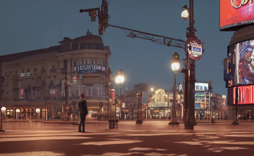 Image similar to a man standing in the middle of piccadilly circus at night, a photorealistic painting by Gregory Crewdson, cgsociety, american scene painting, playstation 5 screenshot, matte painting, cryengine