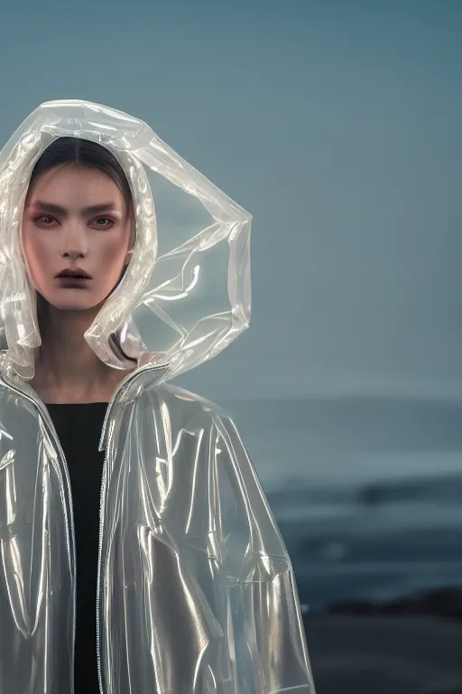 Image similar to an ultra high definition professional high fashion portrait studio full length photograph of a model wearing a transparent pearlescent raincoat and neon visor in an icelandic black rock environment at dawn. no artefacts. extremely detailed. stark. refraction. shallow depth of field. volumetric light and shadow. ray tracing. light rays.