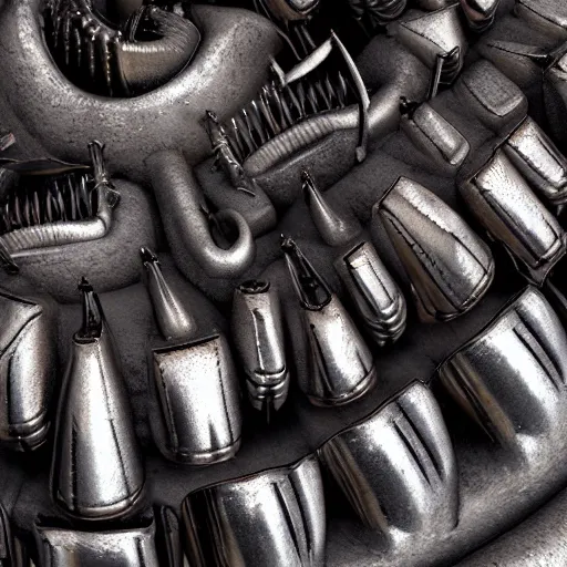 Prompt: a close up of a bunch of metal teeth, concept art by giger, cgsociety, assemblage, trypophobia, greeble, grotesque