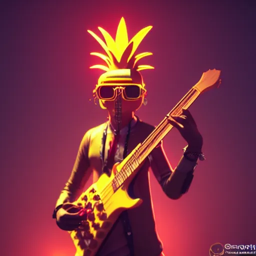 Image similar to a steampunk pineapple, playing electric guitar at a night club, focus on the pineapple, cinematic lighting, exaggerated detailed, unreal engine, octane render, trending on artstation, art by greg rutkowski, 4 k