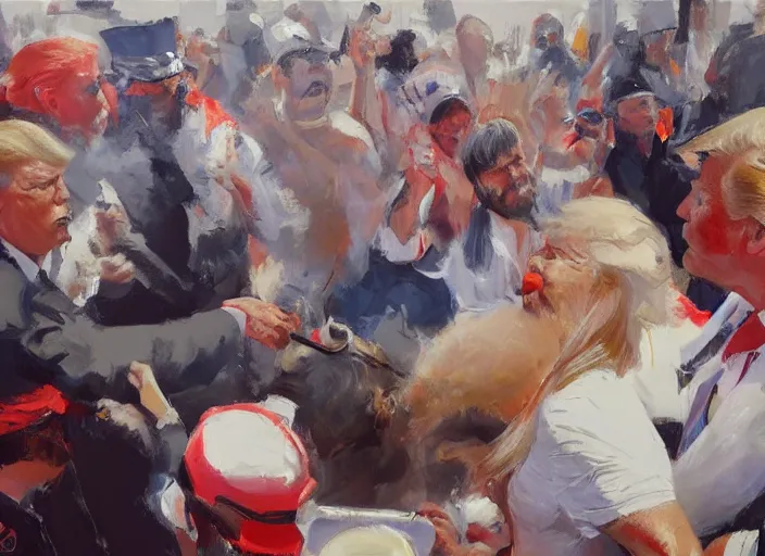 Image similar to a highly detailed beautiful portrait of a donald trump protesting against eating animals while people doing bbq, by gregory manchess, james gurney, james jean