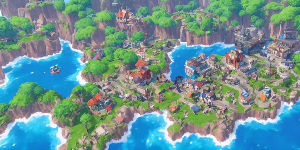 Prompt: small coastal town in a video game similar to pokemon sword and shield. varied height level terrain, various points of interest, overview