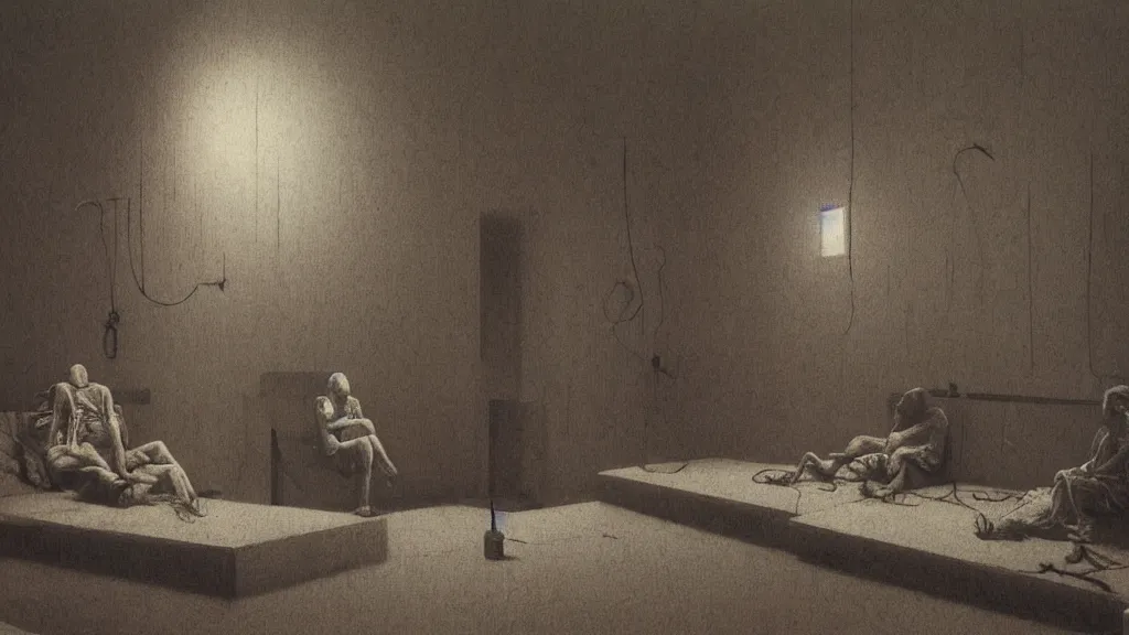 Prompt: creepy mental hospital, medicated patients watching TV by Zdzislaw Beksinski, Ivan Seal, Leyland Kirby