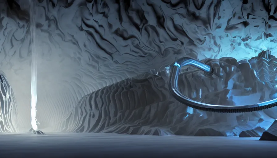 Image similar to liquid nitrogen with darkwater-cooling coolant flowing through latent representations of dark graphite caverns undergoing centrifugal forces, illuminated by computer circuitry sticking out the walls, high detail, high contrast, 90s low-poly render, 4k upscaling