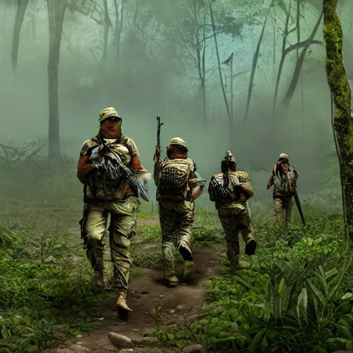 Image similar to commandos patrolling jungle, cinematic, HDR