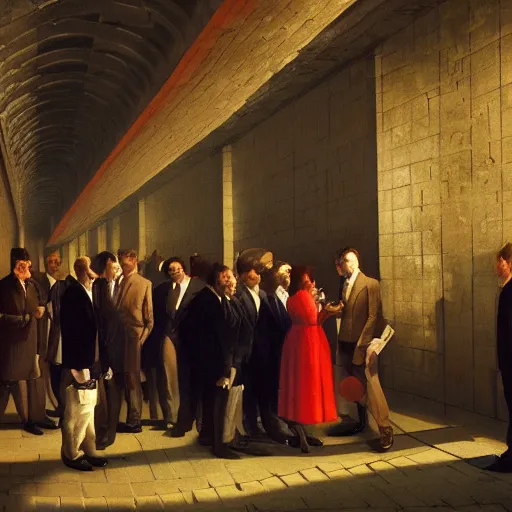 Prompt: underground tunnels inhabited by portly white men in suits and ties, computers, lights and switches, portal to another world, baroque oil painting