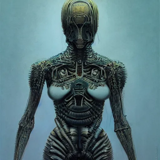 Prompt: a beautiful portrait of a female cyborg covered in chitinous armor peering into the void by Zdislaw Beksinski and H.R Giger, Trending on Artstation, ultra realistic digital art