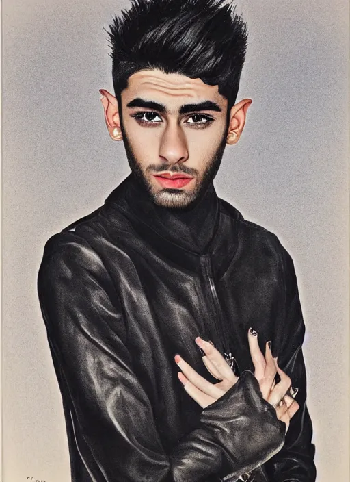 Prompt: portrait of zayn malik as an elf by charles angrand, only one head single portrait, pointy ears, wearing a black leather collared jacket