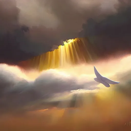 Prompt: digital painting, sky whale flying through clouds. dramatic lighting. god rays. by artem rhads chebokha