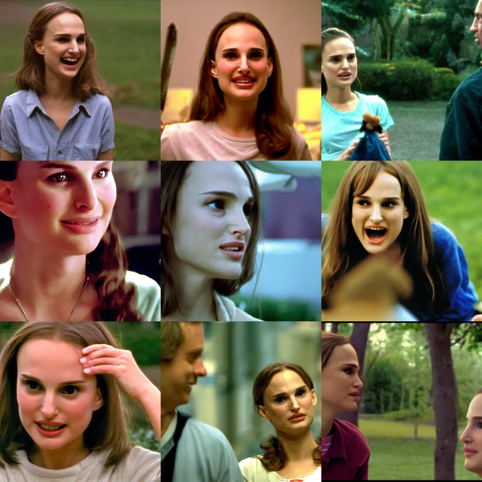 Prompt: sam ( young natalie portman ) is cheerfully jabbering in garden state film, ( 2 0 0 4 ), 4 k