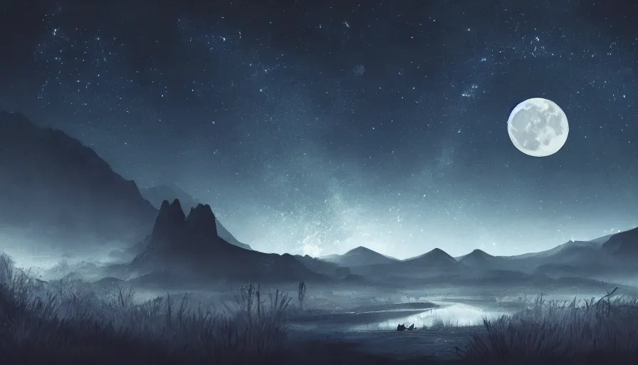 Image similar to a beautiful landscape at night, big moon on the right, stars in the sky, matte painting, dark blue tones, high contrast, intricate details, concept art, 4 k