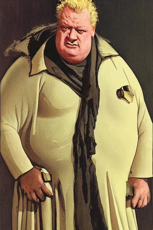 Prompt: upper body portrait of actor kenneth mcmillan as baron harkonnen in dune, colour painting by normal rockwell, guidi prime background by carl spitzweg