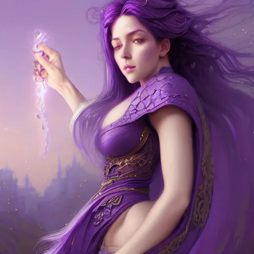 Prompt: purple haired mage, full body portrait, gentle, cloth, female, city landscape, d & d, fantasy, intricate, elegant, highly detailed, digital painting, purple and gold color palette, artstation, octane render, concept art, matte, sharp focus, illustration, herrarthstone, art by artgerm and greg rutkowski and alphonse mucha