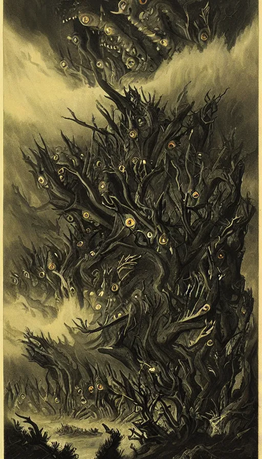 Image similar to a storm vortex made of many demonic eyes and teeth over a forest, by andre francois