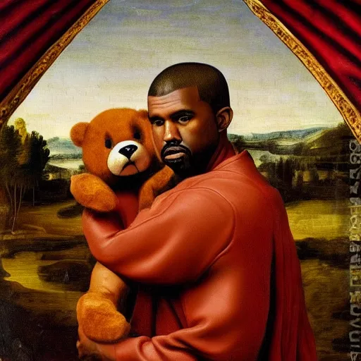 Image similar to A renaissance painting of Kanye West with a anthropomorphic Teddy Bear mascot, portrait, album cover,