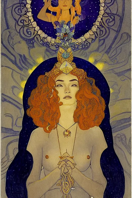 Image similar to queen of the moon with stars in her hair by Nicholas Roerich and Annie Swynnerton and Diego Rivera and jean delville and Carl Larsson, dramatic cinematic lighting , dark skin and natural afro hair, silver jewelry, ornate headdress, flowing robes, sacred artifacts, lost civilizations, smooth, sharp focus, extremely detailed