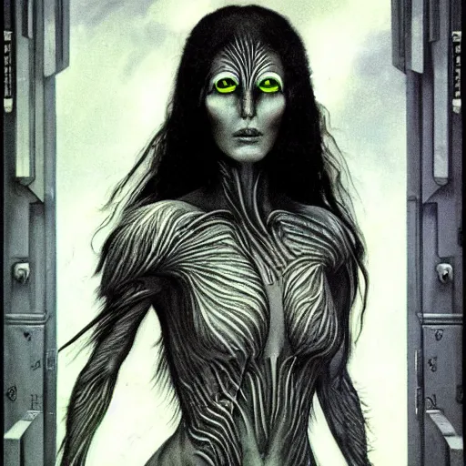 Prompt: young innocent jennifer connelly as youthful alien bird - woman, dark fae, modestly dressed, gray skin, huge wings, black feathers instead of hair, black feathers growing out of skin, bumpy skin, black feathers growing out of face, black hands with black claws, comic book, in library, giger, mucha, trending on artstation