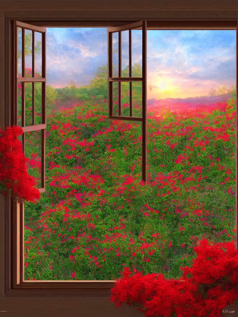 Image similar to a interior photo of a old house single window with view to the sunrise near some red flowers, hyperrealistic, digital painting, masterpiece, high quality, highly detailed, high coherence, path traced, serene landscape, beautiful, elegant, bloom, godrays, complementary colors, natural lighting, symmetrical, low contrast