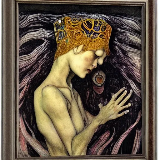 Prompt: weeping robot wearing the bone crown, by Annie Swynnerton and Diego Rivera and Evelyn De Morgan, symbolist, dramatic lighting, elaborate geometric ornament, Jugendstil ,god rays, soft cool colors,smooth, sharp focus, extremely detailed, Adolf Wölfli