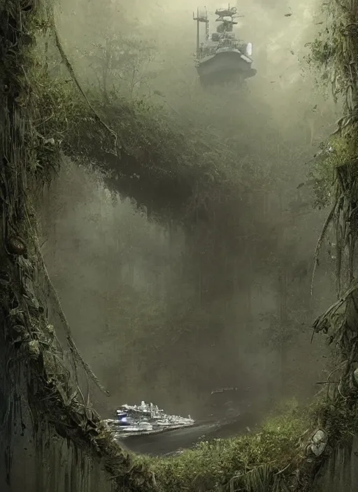 Image similar to the aircraft carrier USS Nimitz overgrown with vegetation laying on the ground of a tropical forest, post appocalyptic illustration by Luis Royo, by Greg Rutkowski, dark, gritty, intricate, cover illustration, concept art, volumetric lighting, volumetric atmosphere, sharp focus, octane render, trending on artstation, 8k