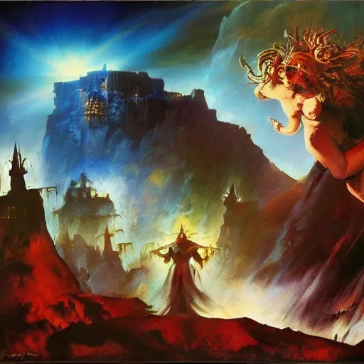 Image similar to princess of the dreamlands, cyclopean city, beautiful! coherent! by mariusz lewandowski, by frank frazetta, deep colors, strong lines, high contrast