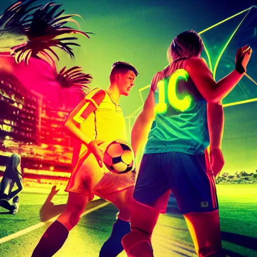 Image similar to soccer, futuristic, high def, realistic people, neon colours, high saturation,