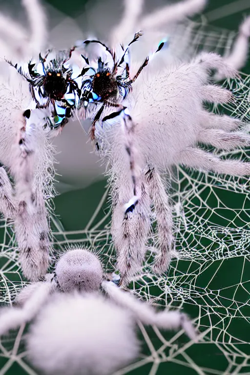 Image similar to high quality macro photo fluffy white spiders! gorgeous highly detailed hannah yata elson peter cinematic dark green lighting high quality low angle hd 8k sharp shallow depth of field