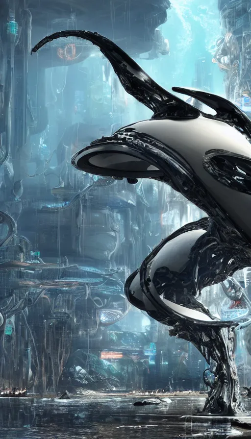 Image similar to summoning a beautiful biomechanical orca spirit from the ocean, organic and robotic, made up of many bits of metal, skin, and plastic, wet, shiny, metallic, cyberpunk, apocalyptic, hyper realistic, cinematic angle unreal engine render, 8k, super detailed, SLEEK!!!