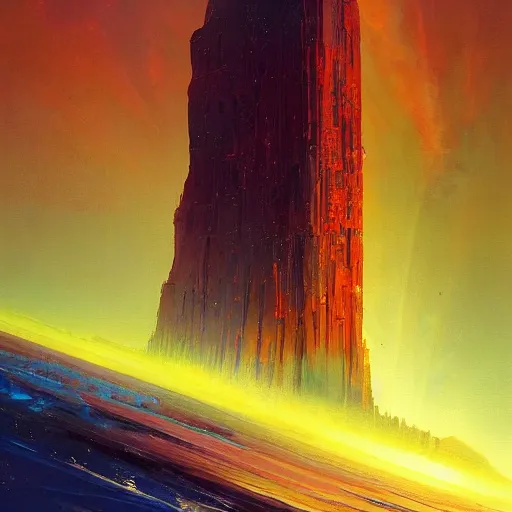 Image similar to a painting of a man standing in front of a giant monolith, poster art john berkey and simon stalenhag and gilbert williams, cgsociety, space art, lovecraftian, cosmic horror, poster art