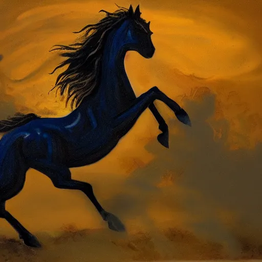 Image similar to oil painting horses mixed with dragon at night backlit
