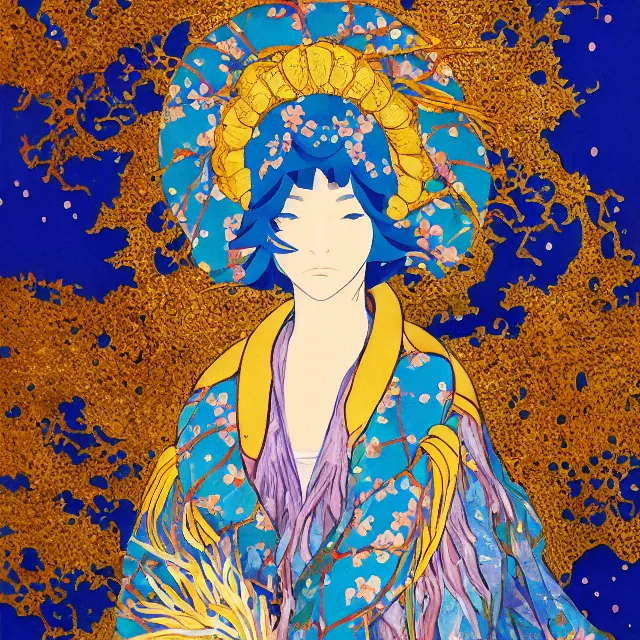 Prompt: the lone priestess of the anemone reef. this gouache and gold leaf work by the award - winning mangaka has beautiful color contrasts.