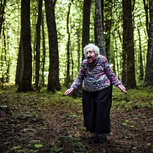 Image similar to elderly woman screaming at a terrifying creature in the woods, canon eos r 3, f / 1. 4, iso 2 0 0, 1 / 1 6 0 s, 8 k, raw, unedited, symmetrical balance, wide angle