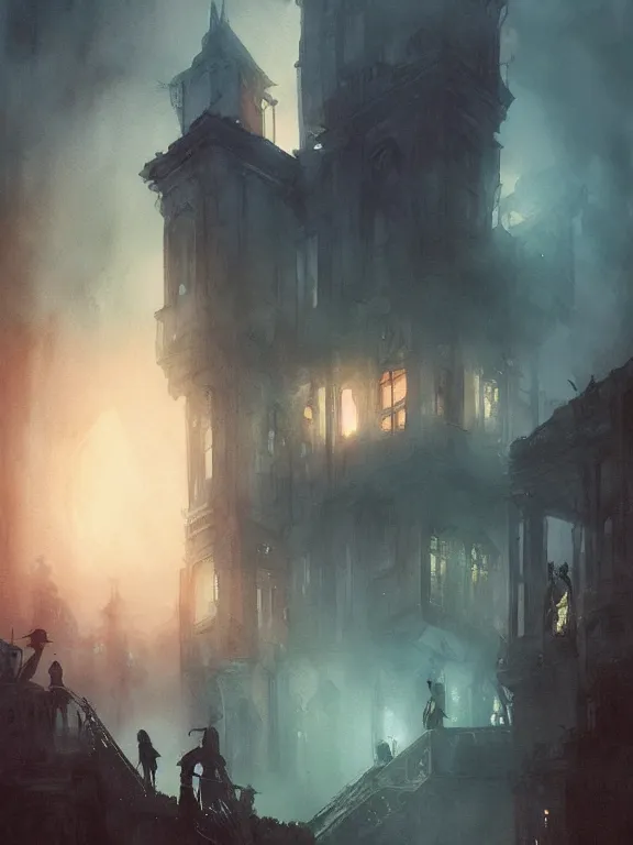 Image similar to a group of urban fantasy adventurers approach a tall and foreboding haunted house at sunset, teal spectral denizens rise from windows, detailed realistic watercolor by greg rutkowski and kwanchai moriya, haunting, ominous, exciting, solemn, lightning study