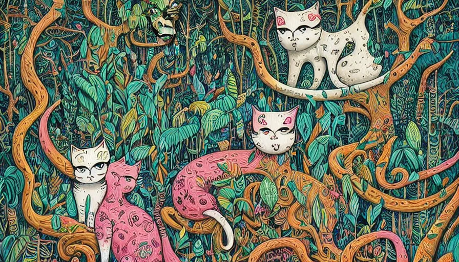 Image similar to highly detailed contemporary acrylic painting of really tall sitting cats by joe fenton, thick brush strokes and visible paint layers, dense overgrown forest background, vivid pastel color scheme