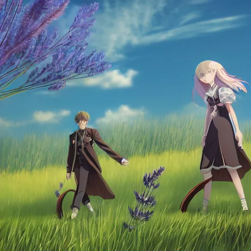 Prompt: a girl and a guy with steampunk weapons walking together holding hands in a grassy field, anime, extremely detailed, cinematic lighting, lavender flowers,