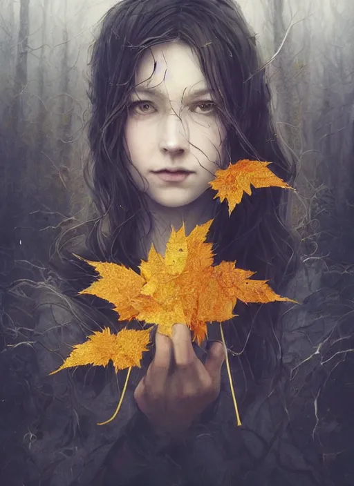 Image similar to golden leaves at frame border, creative!!! composition for a book cover!!!, absurdly beautiful, ultrafine hyperrealistic detailed old witch face by wlop and artgerm and greg rutkowski, intricate linework, sharp focus, smooth, octopath traveler, final fantasy, unreal engine, dramatic lighting, ethereal, 8 k