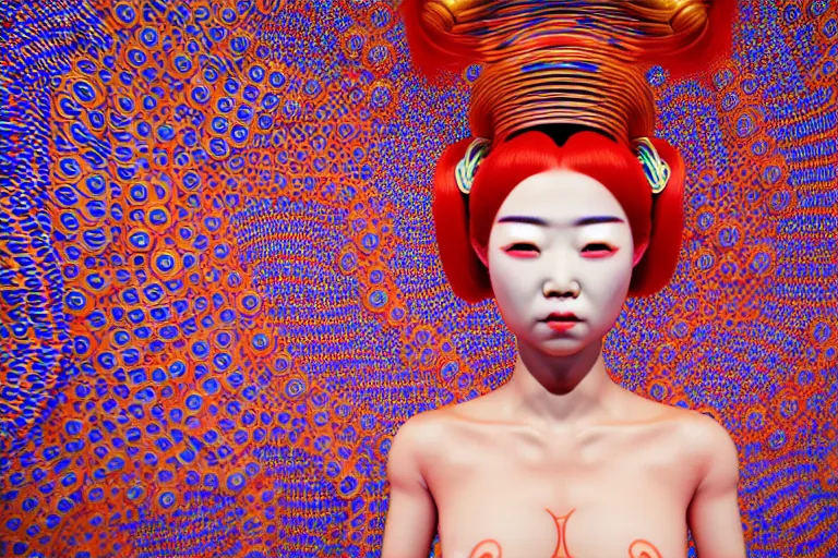 Image similar to hyperrealistic detailed image of a geisha laying in a art installation room, interior by yayoi kusama, part by kei mieno, part by alex gray, part by ross tran, part by james jean, ultra realistic, highly detailed, life like face, detailed body, 8 k, octane render, trending on artstation, very cohesive, masterpiece