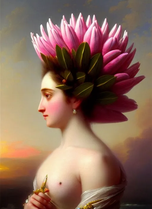 Image similar to stunning canadian godess princess, detailed pink and white protea head peace against a black backdrop by ivan aivazovsky, wlop, super sharp details, photorealism, 5 0 mm lens, oil painting, beautiful soft lighting, muted colours, artstation
