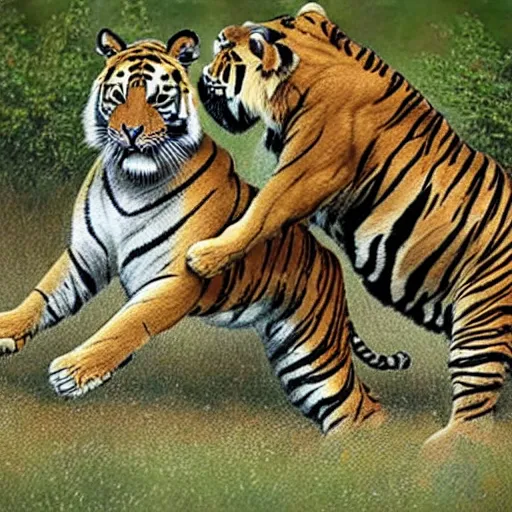 Prompt: a tiger fighting a lion