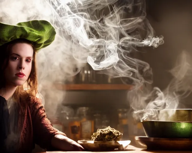 Image similar to close up portrait, dramatic lighting, concentration, calm confident teen witch and her cat mixing a spell in a cauldron, a little smoke fills the air, a witch hat and cape, a little green smoke is coming out of the cauldron, ingredients on the table, apothecary shelves in the background, still from disney show